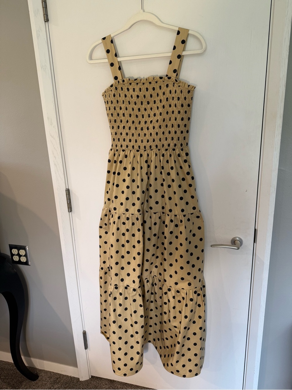 Polka Dot Strap Smocked Maxi Dress - Tan & Black
